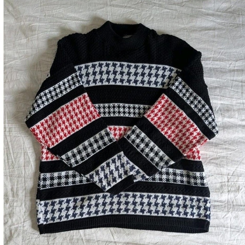 Vtg 90s Sweater Black Red Houndstooth Striped Mock Neck Vintage Sz L Preppy Mod